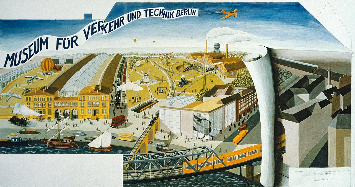 Eine Bildrolle enthüllt eine gemalte Vision des Technikmuseums: Im Neubau ein originaler Dampfer, Mühlen im Park, in der Ladestraße raucht eine Lok, im Landwehrkanal fahren historische Schiffe. Darüber steht auf einem Transparent „Museum für Verkehr und Technik Berlin“.