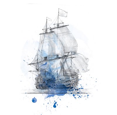 Die Zeichnung eines barocken Schiffes mit einem blauen Farbklecks im Vordergrund ist das zentrale Motiv der Sonderausstellung.