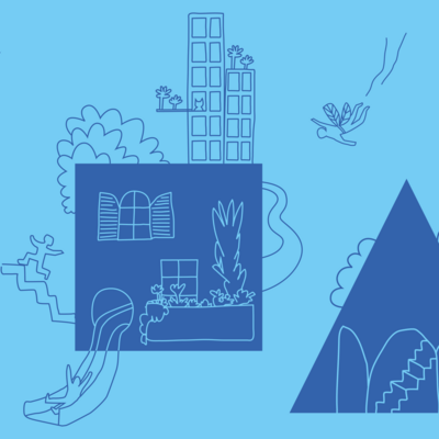 Das Keyvisual der Ausstellung "SuperCity 3000. Unsere Stadt der Zukunft" mit Grafiken auf blauem Hintergrund, die Zukunftsvisionen von Kindern der Stadt der Zukunft zeigen.