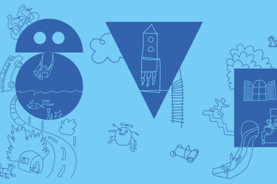 Das Keyvisual der Ausstellung "SuperCity 3000. Unsere Stadt der Zukunft" mit Grafiken auf blauem Hintergrund, die Zukunftsvisionen von Kindern der Stadt der Zukunft zeigen.