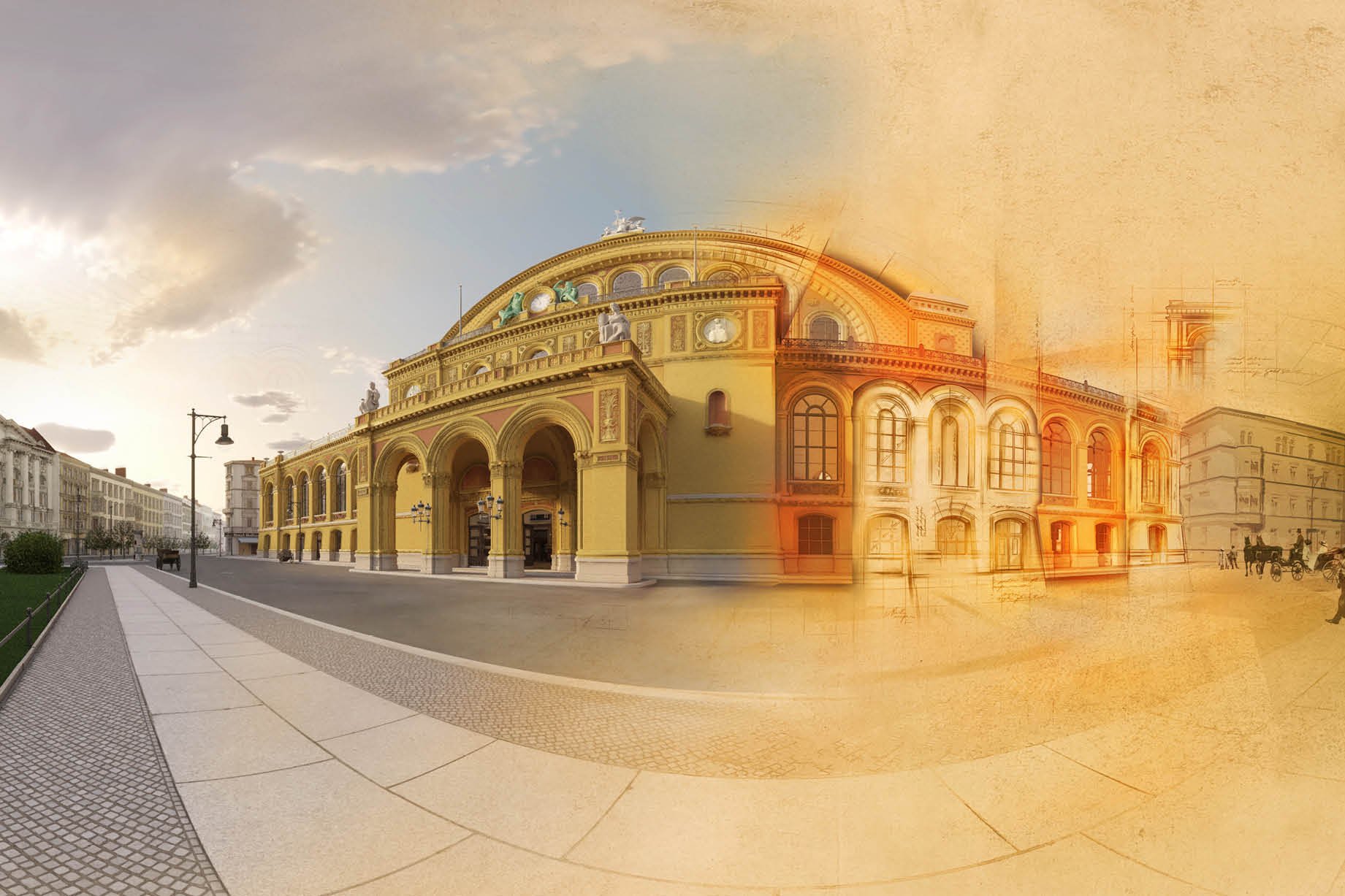 Historische und digitale Darstellung des Berliner Anhalter Bahnhofs: Die Grafik zeigt eine virtuelle Rekonstruktion des prächtigen Bahnhofsgebäudes, das sich von einer historischen Zeichnung auf der rechten Seite in eine farbige 3D-Visualisierung auf der linken Seite verwandelt. Im Vordergrund verläuft eine breite Straße, unten rechts steht das Logo „Anhalter Bahnhof Revisited“.
