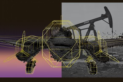 Eine Grafik auf der auf schwarz-lila Hintegrund die Outline eines Flugzeugs und ein Erdöl-Förderturm zu erkennen sind
