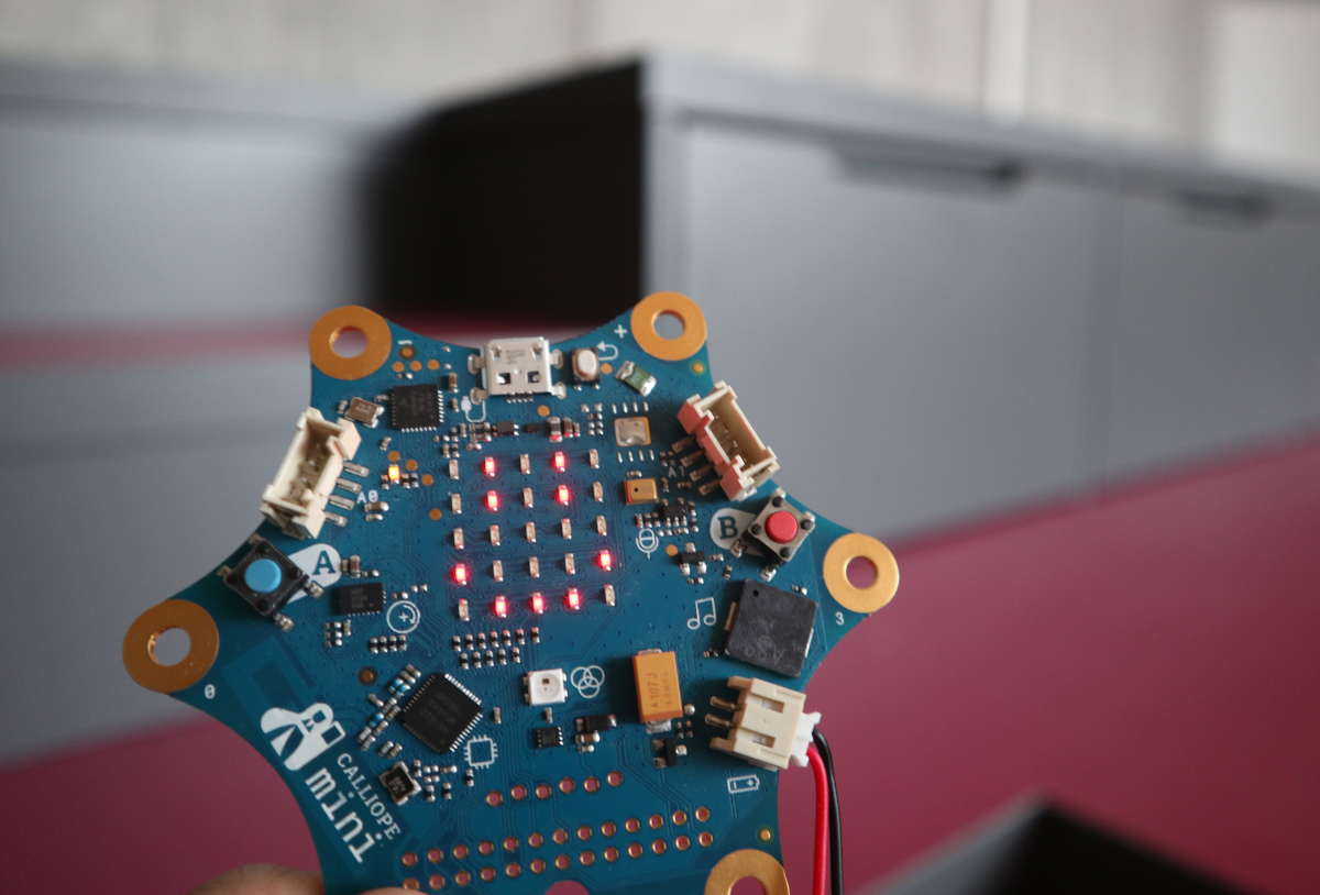 Das Bild zeigt eine Nahaufnahme des Mikrocontrollers Calliope mini.