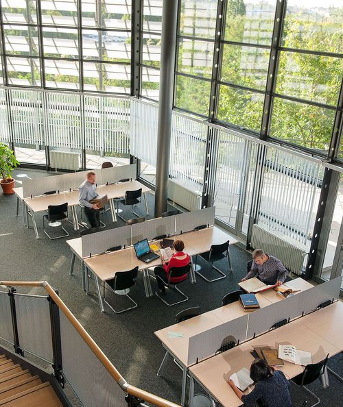 Blick in einen Lesesaal, in dem mehrere Personen an Tischen sitzen und arbeiten.