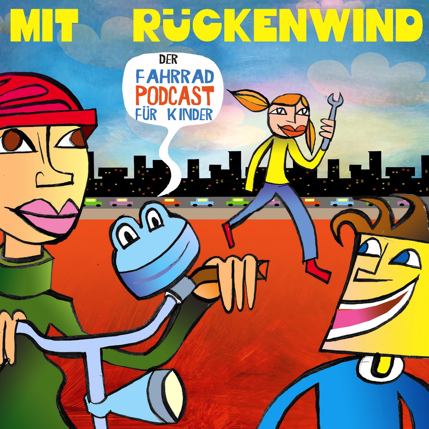 Podcast-Cover "Mit Rückenwind – Der Fahrrad-Podcast für Kinder" mit bunten Cartoon-Figuren auf orange-blauem Hintergrund und Stadt-Silhouette.