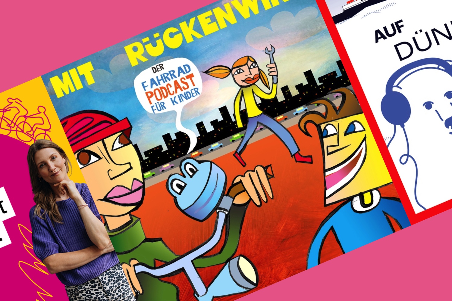 Diagonal verlaufendes Band von Podcast-Covern. In der Mitte: "Mit Rückenwind – Der Fahrrad-Podcast für Kinder" mit bunten Comic-Figuren.